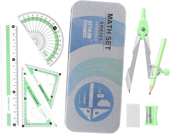 Compass Geometry Tool 9 Pcs Protractor and Compass Set Geometry Set Drawing Compass with Shatterproof Storage Box Includes Rulers Protractor Compass Eraser Pencil Sharpener Green