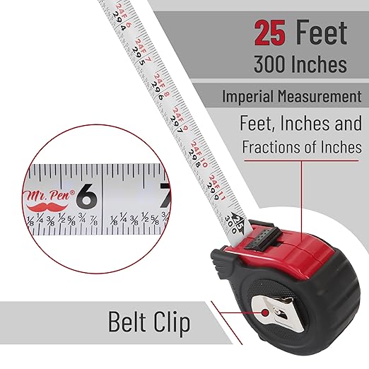 Mr. Pen- Retractable Tape Measure 25 ft, 2 Pack, Red, Easy Read, Steel Retractable Measuring Tape with Fractions, Ideal for Construction & DIY Projects