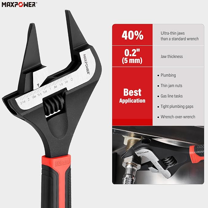 MAXPOWER 6 8 12-inch Slim Jaw Adjustable Wrench Set | 40% Thinner Jaw Wrench Designed for Plumbing and Tight Spot Applications