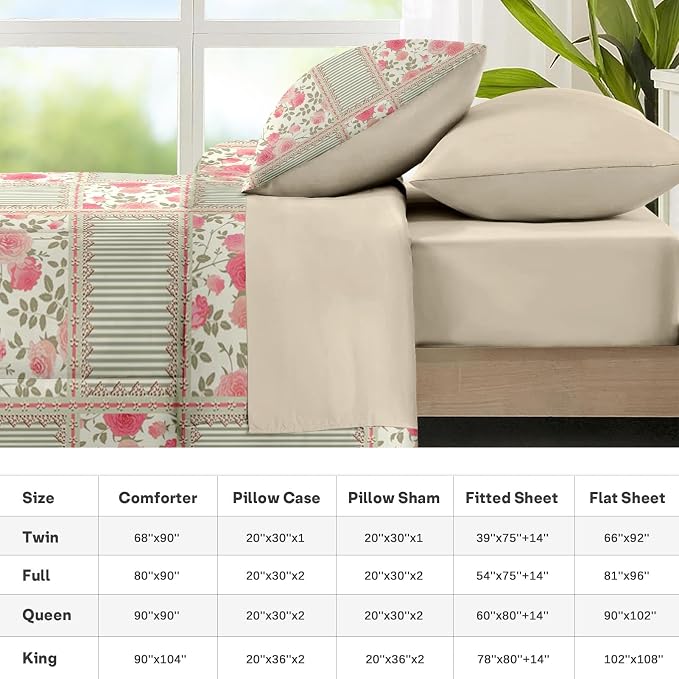 Nesker Comforter Set King Size, Floral Rose Leaves 7 Pcs Bedding for Kids and Adults, Shabby Chic Checkered Flower Bed Sheet Sets with Fitted Sheet 2 Pillowcases & 2 Shams