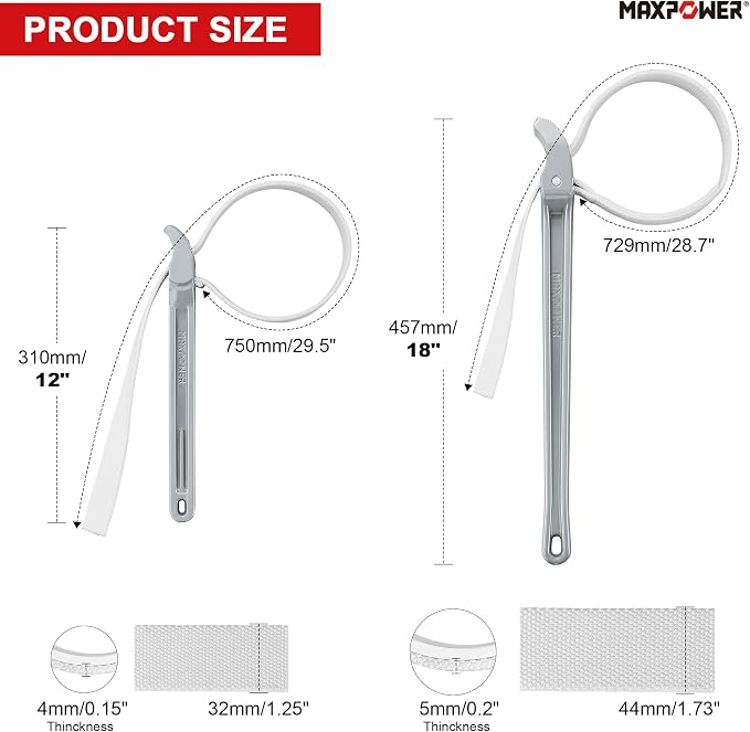 MAXPOWER Strap Wrench, 18" & 12" Adjustable Strap Wrenches Set, Nylon Strap Pipe Wrench for Replacing Oil Filter, Water Filter, PVC Junction, 2-Piece