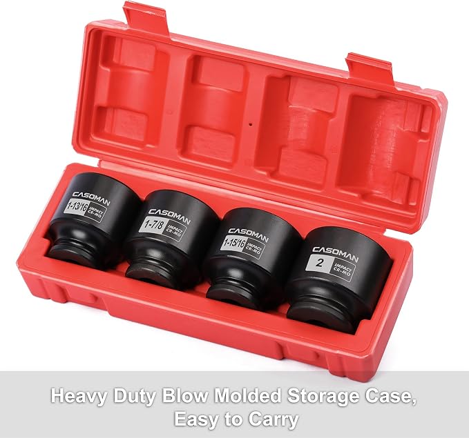CASOMAN 1/2'' Drive Spindle Axle Nut Impact Socket Set, 6 Point, CR-MO,1-13/16, 1-7/8, 1-15/16, 2 inch, 4PC 1/2-Inch Impact Socket Set, Heavy Duty Use In Removing And Installing Axle Nuts