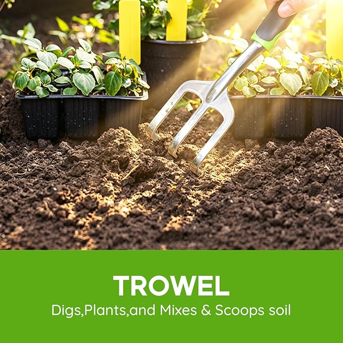 Garden Tool Set, 3 Pack Aluminum Heavy Duty Gardening Kit Includes Hand Trowel, Transplant Trowel and Cultivator Hand Rake with Soft Rubberized Non-Slip Ergonomic Handle, Garden Gifts