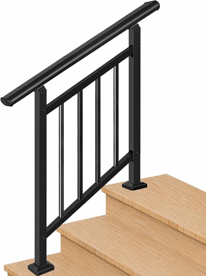 Hand Rails for Outdoor Steps，Stair Handrail & Indoor Stair Railing Kit，Railings for Outdoor Steps for Fence & Outdoor Steps (1, Black-with Balusters, 3 Step)