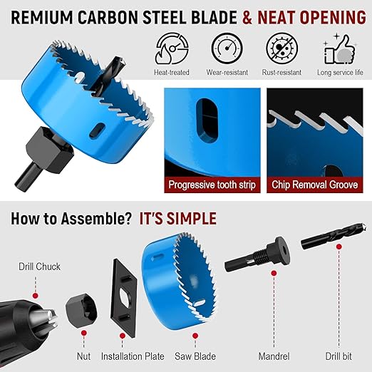 12-Piece Hole Saw Kit, Includes 8 Sizes (3/4" to 2-1/2"), Arbors, Drill Bits, and Hex Key, Ideal for Softwood, Plywood, and PVC（Blue）