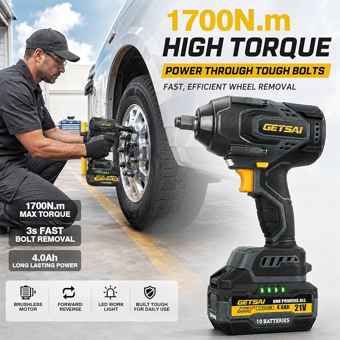 Impact Wrench 1700N.m, 1/2 1254Ft-lbs Super High Torque Cordless Impact Gun with 2x4.0Ah Battery, Electric Pistola De Impacto with 6 Socket, 3500IPM Brushless Llave De Impacto for Truck/Pickup