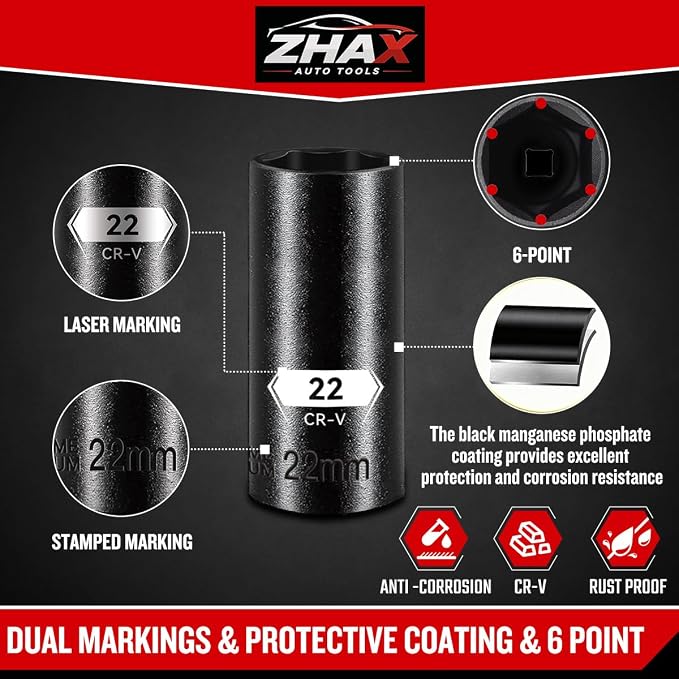 ZHAX 3/8 Inch Drive 6 Point Impact Socket Set, 72 PCS Standard SAE(5/16"- 3/4") & Metric(8-22mm) With Spark Plug, Deep & Shallow, 72T Wrench Ratchet Tool Kit,Cr-V With Heavy Duty Storage Case