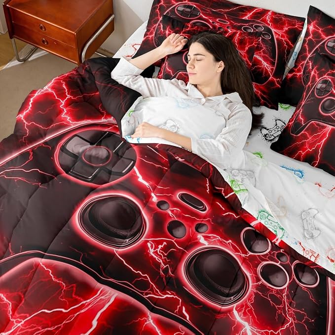 Erosebridal Gaming 7 Piece Comforter Set Full Bed in a Bag, Gamer Bedding Sets Retro Game Console Comforter and Sheet Set, Red Lightning Room Decor,Kids Bedroom Decor
