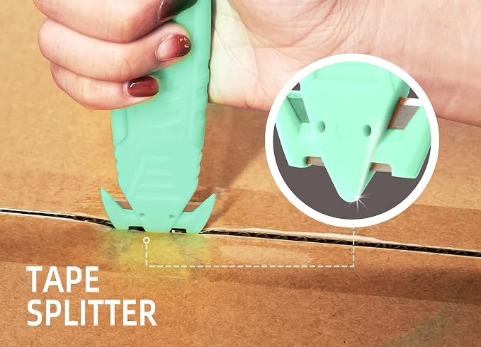 T TOVIA Safety Box Cutter Knife of Recessed Concealed Stainless Steel Blade, Package Opener Plastic Cutter for Box, Carton, Shrink Wrap, Plastic Straps, 10pcs Green