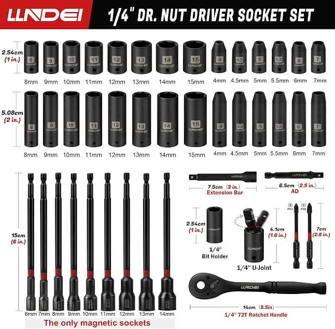 1/4" Drive Socket Set Nut Driver Set with Ratchet, 44Pcs Wrench Tool Set | 1/4-Inch Sockets Deep&Shallow Metric(4-15mm), 1/4" Hex Shank 6" Long Nut Drivers(6-14mm) for Impact Drill Bits(PH1 PH2)