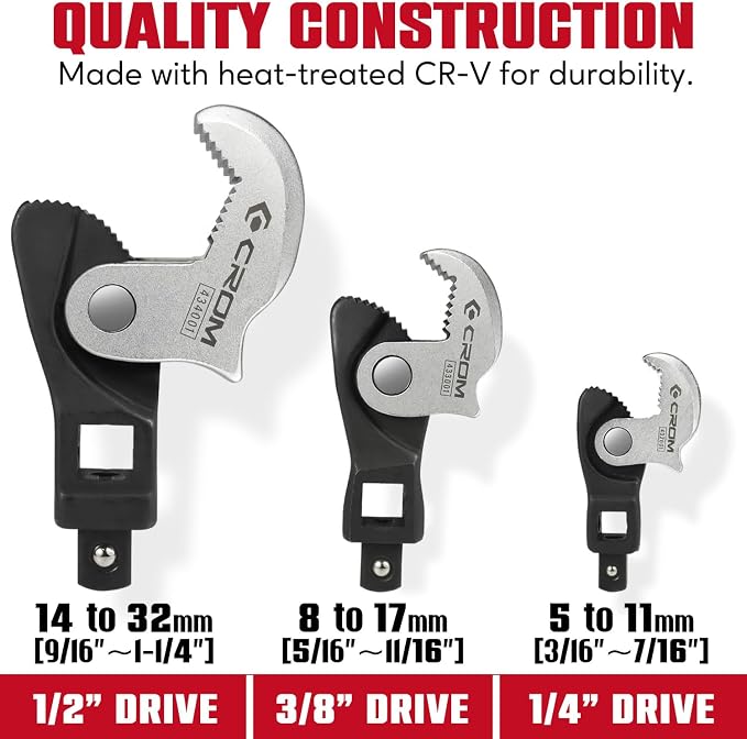 CROM Adjustable Crowfoot Wrench Set - Spring Loaded Wrench – Male & Female Square Drives Work With Ratchet, Breaker Bar, Extension Bar (3 Piece Set (1/4", 3/8", 1/2"))