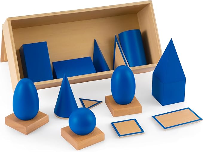 Premium Montessori Geometric Solids with Matching Cards – Solid Beechwood 3D Shapes, Plane Figures, Stands & Cards, Sensorial Geometry Materials for Spatial Awareness, Homeschool Classroom Kids 3-9