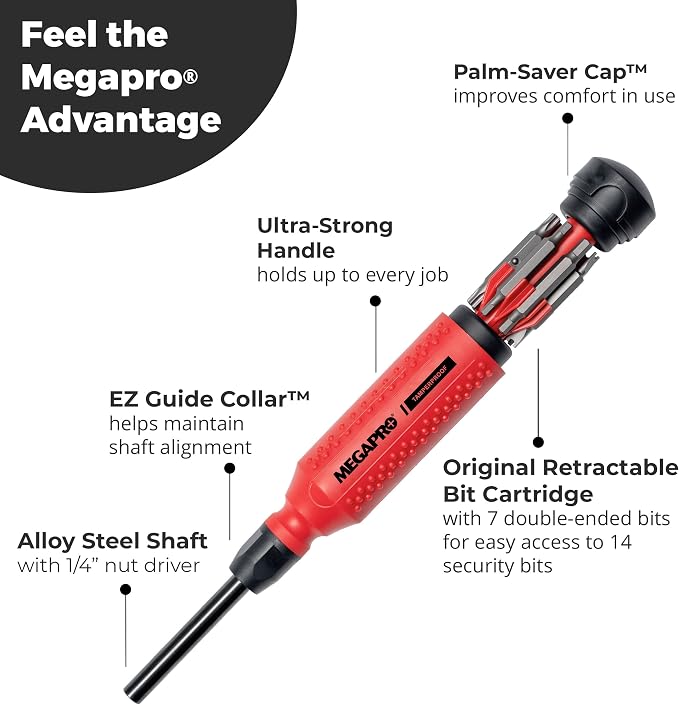 Megapro Tamperproof Security Screwdriver Set | Multi-Bit Screwdriver with ¼” Hex Shaft | Hex Pin, Spanner, Torx Pin | Compact Security Bit Set (The Original)