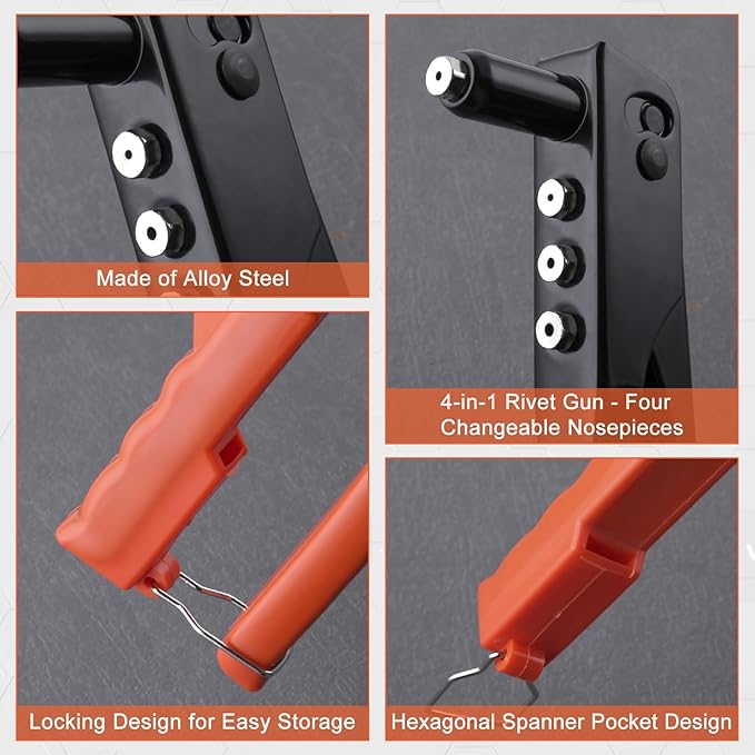 4-in-1 Heavy Duty Hand Riveter Rivet Gun Pop Rivet Tool Kit with 100 Rivets 3/32-inch, 1/8-inch, 5/32-inch, 3/16-inch,4 Interchangeable Nosepieces for Metal,Plastic,Wood and Leather