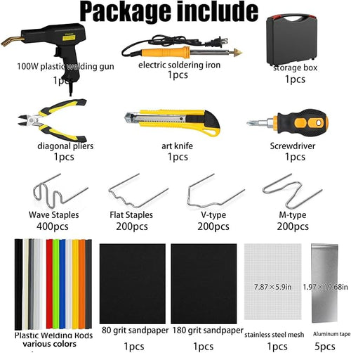 100W Upgraded Plastic Welder Kit,1000PCS Hot Stapler Plastic Repair Kit For Car Bumper Crack Repair, Plastic Welding Kit With Plastic Iron,Plastic Rods,Mesh,Abrasive Paper,Aluminum Tape(BLACK)