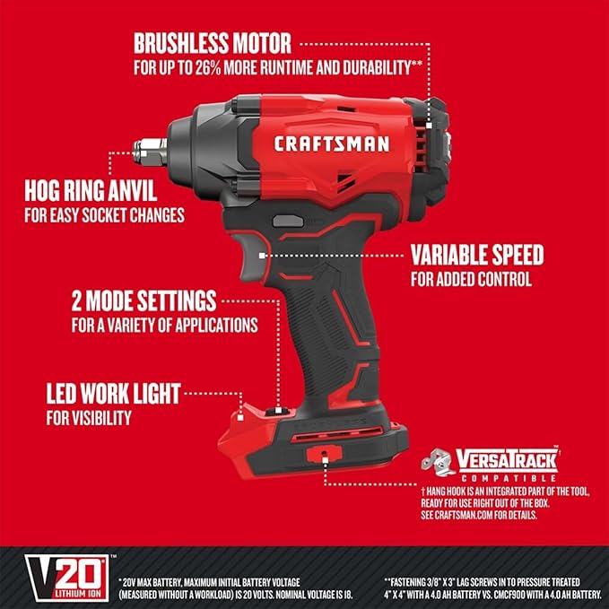 CRAFTSMAN V20 Cordless Impact Wrench, 1/2 inch, Bare Tool Only (CMCF920B)