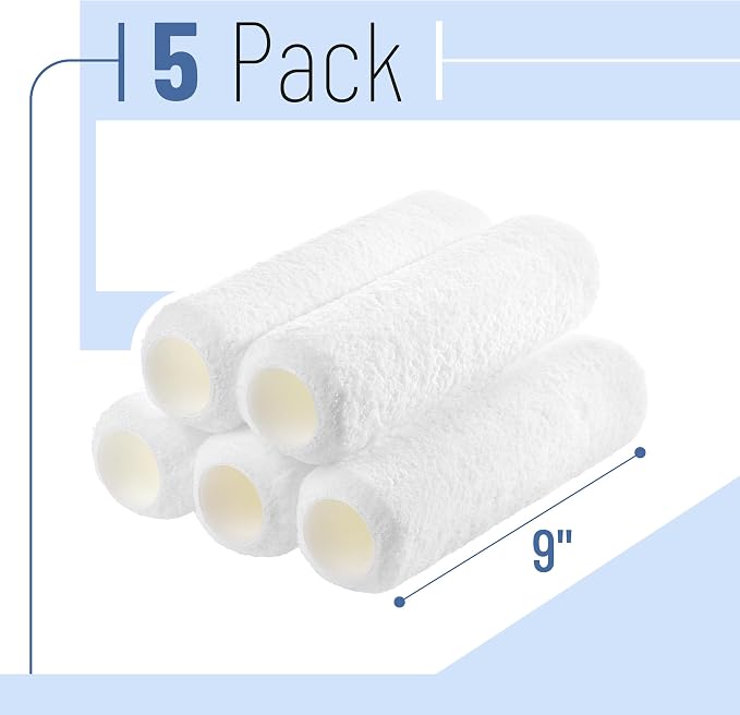 Bates- Paint Roller Covers, 9", 5 Pack, White, Covers for Paint Rollers 9 Inch, 9 Inch Paint Roller Covers, Paint Roller Cover, Paint Roller Covers 9 Inch, Large Paint Roller Covers