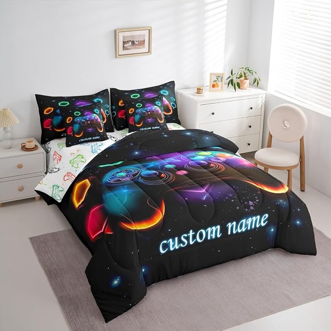 Custom Name Game Consoles Gamer Bedding Set King Bed in a Bag 7 Piece Gamer Gifts,Personalized Gaming Comforter Sets for Boys Space Glow Geometric Kids Comforter Sets Boys,Gamer Room Decor for Boy