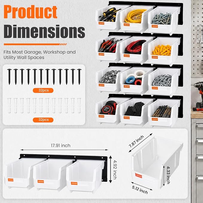 12pc Wall-Mounted Storage Organizer Set with Metal Rails White | Heavy duty tool organization box with metal rails. Ext 7"x5"x4" for garage screws nuts bolts.