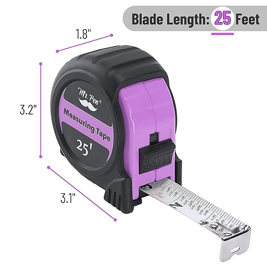 Mr. Pen- Retractable Tape Measure 25 ft, Pastel Purple, Easy Read, Steel Retractable Measuring Tape with Fractions, Ideal for Construction & DIY Projects