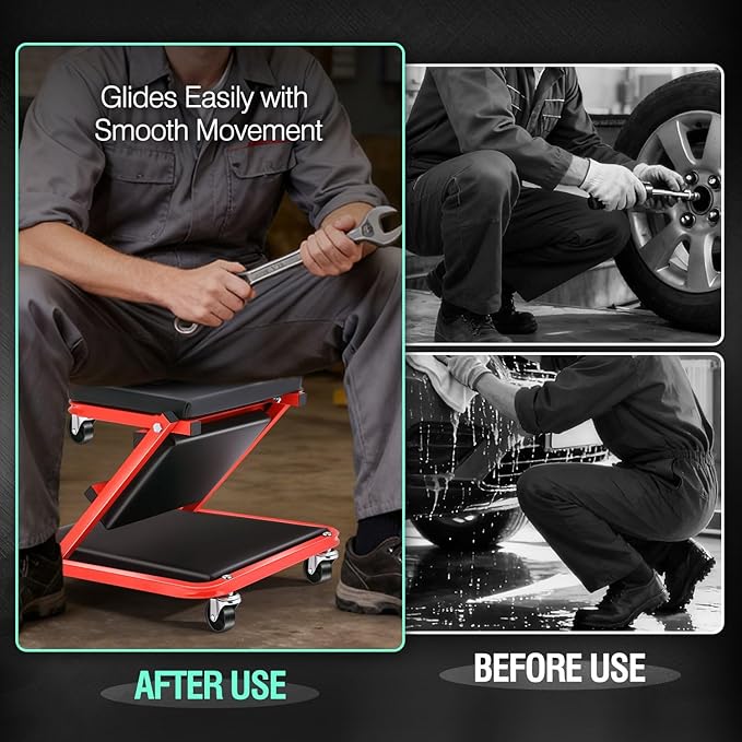 ‎DNA MOTORING TOOLS-00184 36 Inches 2 IN 1 Rolling Folding Car Creeper/Seat, 6 Pcs 2" Casters, 150kg Weight Capacity, Red