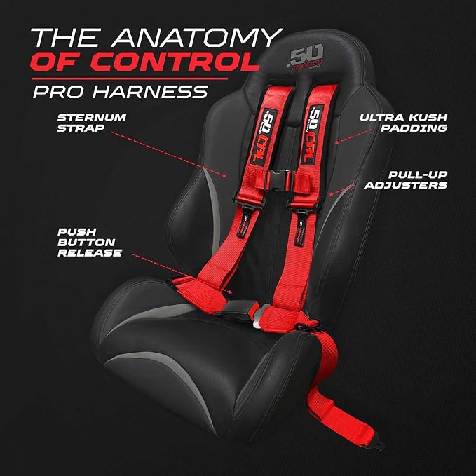 1pc 50 Cal Red 4 Point Harness 3in Straps, Racing Harness Seat Belt | Ultra Kush padding, Push Button quick release hardware. Universal Fit for UTV, RZR, race car.