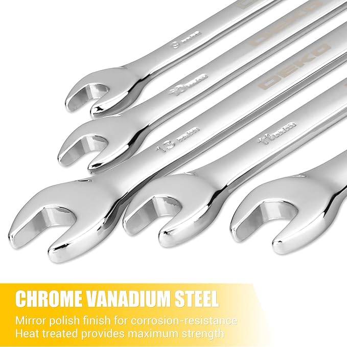 DEKOPRO Combination Wrench Set, Metric, 15-piece, 8-22mm, 12-Point, Chrome Vanadium Steel, with Plastic Tray
