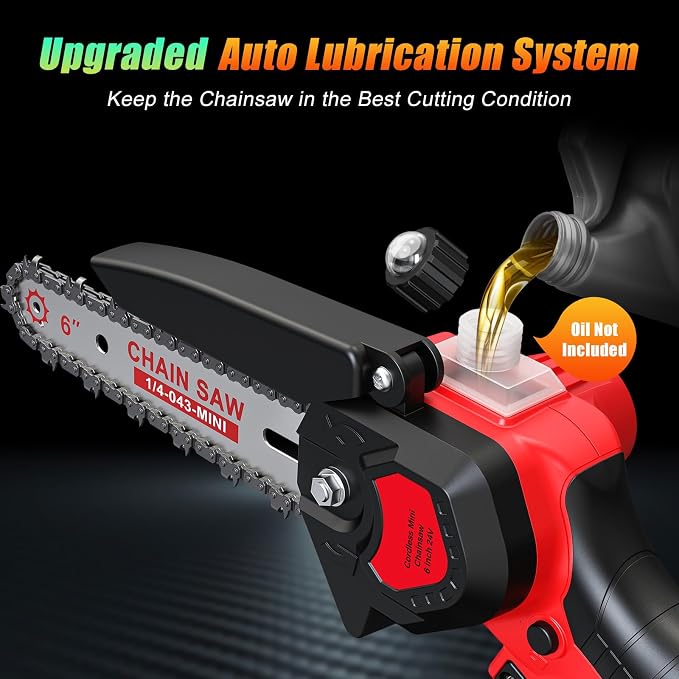 6 Inch Mini Chainsaw Cordless, 24V Battery Powered Chain Saw | Auto Oiler, 2×2000mAh Batteries Included, Lightweight, Tree Trimming, Wood Cutting, Branch Pruning, Gardening