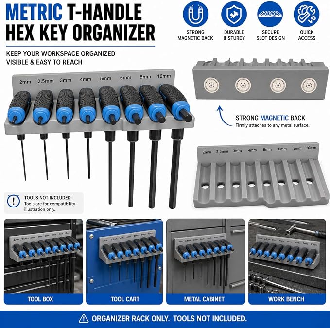 Magnetic T-Handle Hex Key Organizer Rack – Tool Holder for Harbor Freight ICON Style T Handle Wrenches – sae/metric/torx Storage Options (metric)