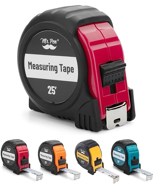 Mr. Pen- Retractable Tape Measure 25 ft, Red, Easy Read, Steel Retractable Measuring Tape with Fractions, Ideal for Construction & DIY Projects