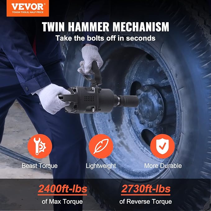 VEVOR 1 Inch Air Impact Wrench Up to 2730 ft-lbs Reverse Torque | Pneumatic Driven, Forward/Reverse Control, Lightweight with 2 Handles, Ideal for Heavy Duty Repairs and Maintenance