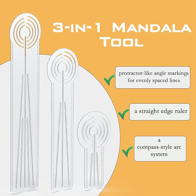 3-in-1 Mandala Ruler Tool with Holes, Mandala Dot Art Circle Maker, Compass Protractor Straight Dotting Ruler for Dot Art Geometric Mandala Pattern Design, 3 Sizes