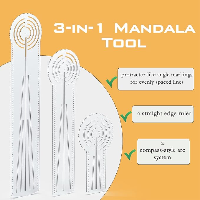 3-in-1 Mandala Ruler Tool with Holes, Mandala Dot Art Circle Maker, Compass Protractor Straight Dotting Ruler for Dot Art Geometric Mandala Pattern Design, 3 Sizes