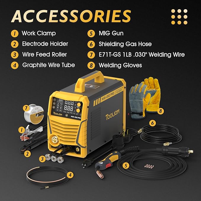 TOOLIOM Aluminum MIG Welder with Pulse 250A 110V/220V Dual Voltage 6 in 1 Multifunctional Welding Machine Pulsed MIG/Gas MIG/Flux Core/Spool Gun MIG/Lift TIG/Stick