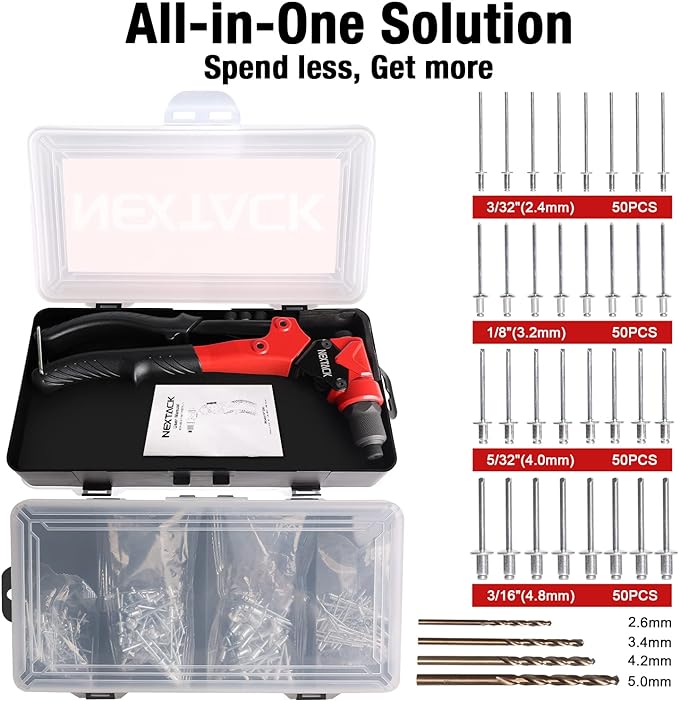 NEXTACK Heavy Duty Pop Rivet Gun Kit (NT200) – 360° Swivel Head for Tight Spaces, 4 HSS Drill Bits + 200 Assorted Rivets + 4 Nosepieces | Rugged Organized Case