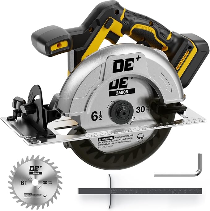 Brushless 6-1/2 Inch Circular Saw, for DeWalt 20V Max Battery, 8000 RPM, 6.2 Lbs, Cuts 2-1/5" at 90°, 0-90° Bevel, with Rip Guide & Hex Wrench for Wood