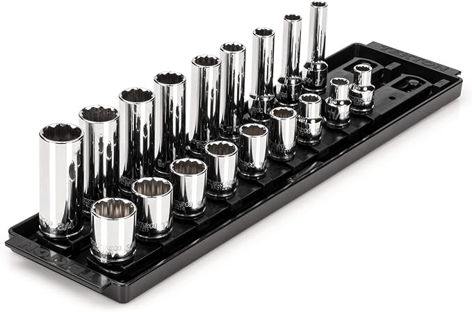 TEKTON 3/8 Inch Drive 12-Point Socket Set, 18-Piece | SHD91214 | (5/16 - 3/4 in.), Shallow and Deep, Socket Rail