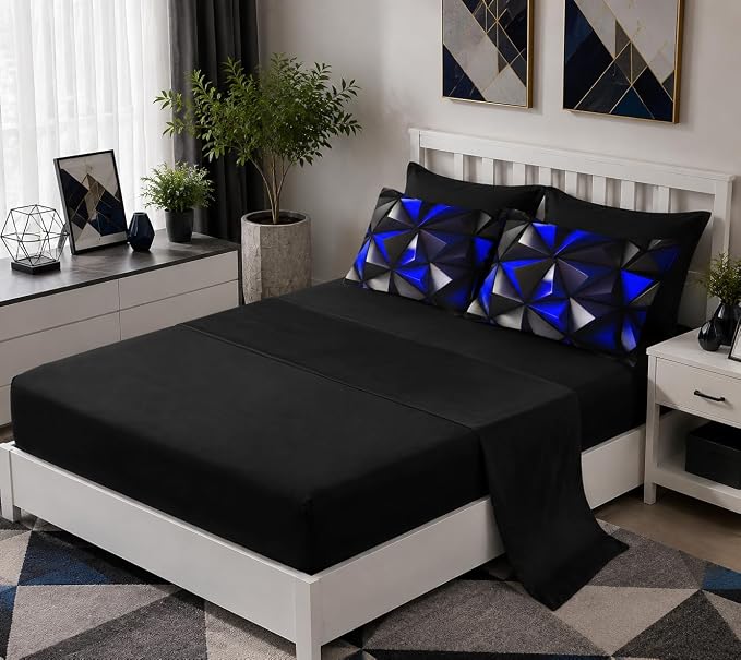Geometric Full Comforter Set,Blue Black Honeycomb Bedding Set 7 Piece with Comforter Fitted Sheet Flat Sheet Pillowcases,Bed Sets Geometry Decor,Microfiber Lightweight All Season.