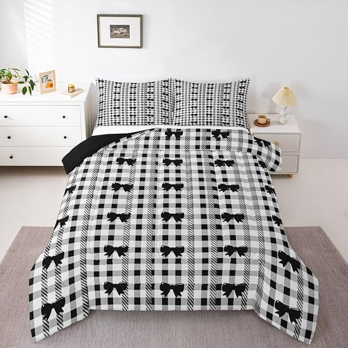 Feelyou Bow Checkered Comforter Set Queen Size Chic Grid Bowknot Bedding Set for Kids Boys Girls Girly Black Duvet Quilt Bedroom Decor Microfiber 3 Pcs with 2 Pillow Cases