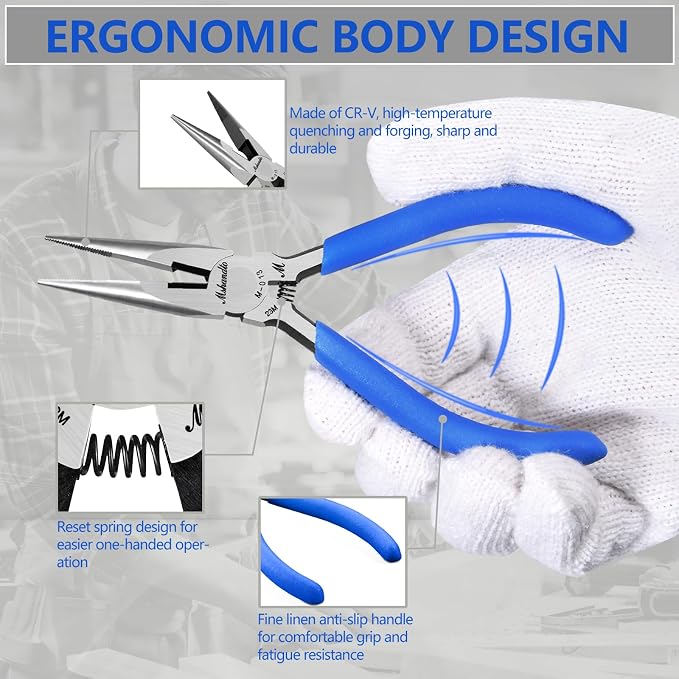 Needle Nose Pliers Set, 5" Long Nose Pliers for Wire Bending, 2 Pack High Carbon Steel Nose Cutters, Serrated Jaw Plier for Jewelry Making, Electronics Repair, Object Grasping, Craft Making