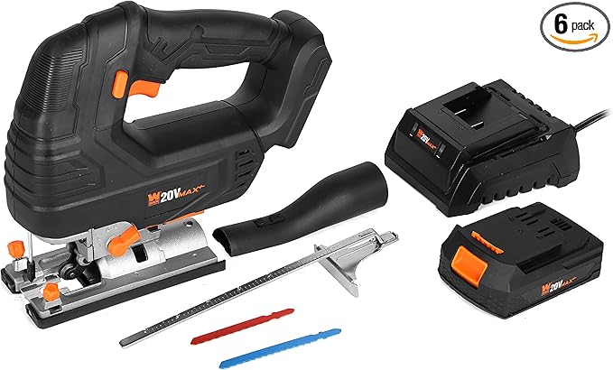 WEN Cordless Jigsaw, Brushless with Variable Speed, 20V Max 4.0 Ah Lithium Ion Battery and Charger (20667)
