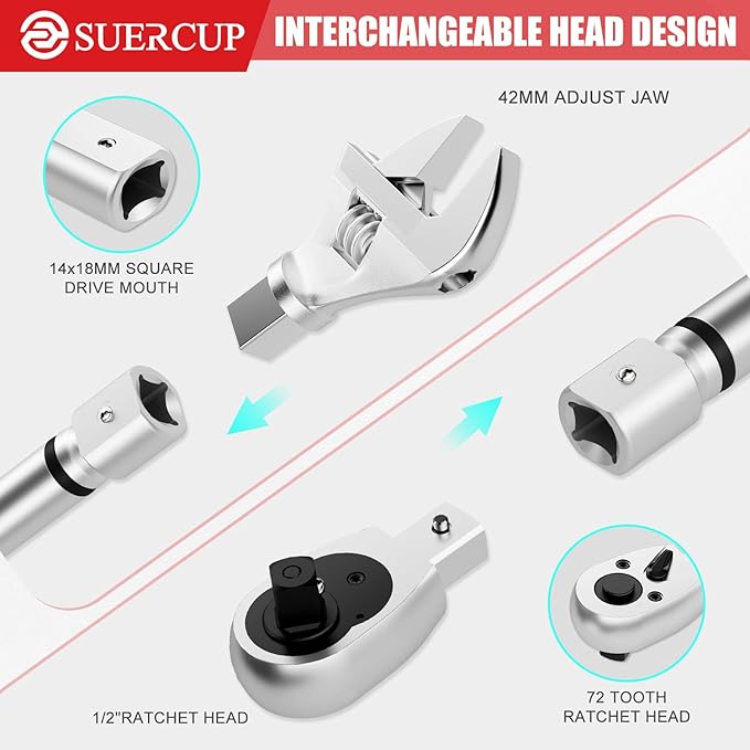 SUERCUP Adjustable Digital Torque Wrench 1.5-99.6Ft.Lb/2-135N.m,14x18 mm Open End Torque Wrench with 1/2 Drive Ratchet Head&42mmJaw,Vibration,Buzzer and LED Notification for HVAC,Car,Heat Pump Piping