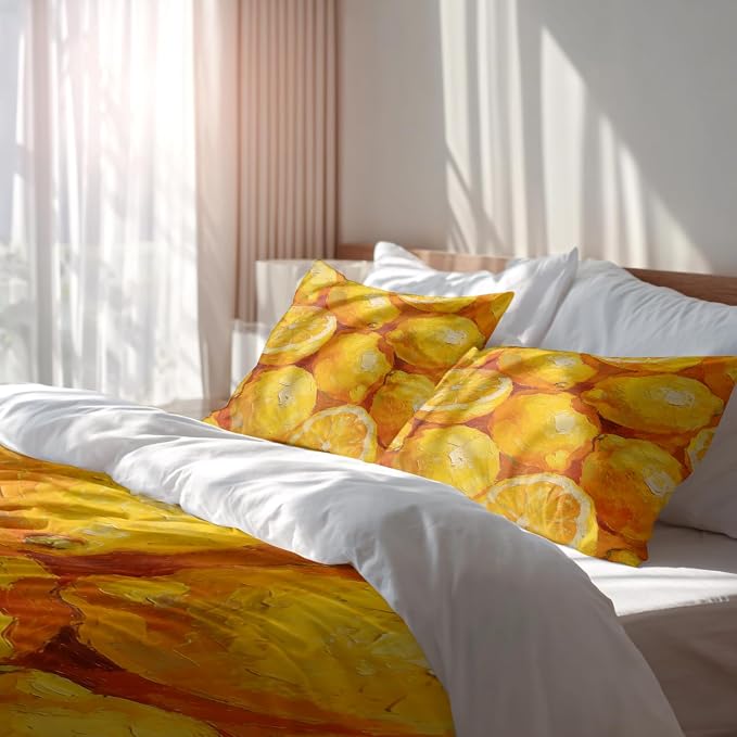 Batmerry Lemons Citrus Fruit Full Size 100% Cotton Duvet Cover Sets, Vibrant Lemon Oil Painting Bedding Set with Zipper Closure Corner Ties, 3 Pieces (1 Cover + 2 Pillowcases No Comforter)
