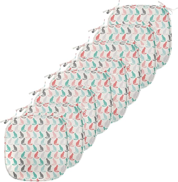 Lunarable Cat Chair Seating Cushion Set of 8, Pattern of Sitting Cat Silhouettes Kitten Pet Repetition Simple Illustration, Anti-Slip Seat Padding for Kitchen & Patio, 16"x16", Turquoise Coral Cream