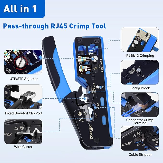 All-In-One RJ45 Crimp Tool with Hand-Twist Screw and Wire Terminal Crimper for CAT7/CAT6A/CAT6/CAT5E/CAT5, Ethernet Crimper RJ45 crimper RJ45 Pass Through Crimp Tool Ethernet Crimping Tool