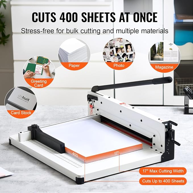 Happybuy Heavy Duty Paper Cutter, 17" Industrial Commercial Guillotine Paper Cutter for A3 Paper, 400 Sheet Capacity, Stack Paper Trimmer for Office Home School Shop, White