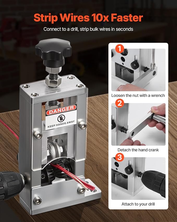 VEVOR Manual Wire Stripping Machine, 0.06-1 in, Copper Stripper with Hand Crank or Drill Powered, 64Mn Quenched Blades, 45# Steel Rollers, Aluminum Alloy Frame Wire Peeler, for Scrap Copper Recycling