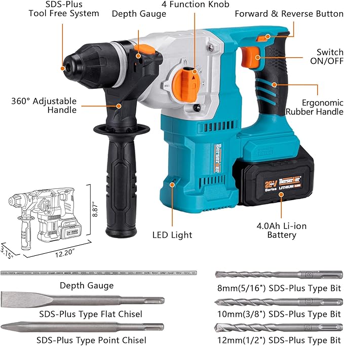 Berserker 1-1/8" SDS-Plus Cordless Rotary Hammer Drill for Concrete 111Pro | 20V 4.0Ah Lithium-Ion Battery Powered with 3A Charger, 4 Functions Brushless Motor Variable Speed Safety Clutch Rotomartillo