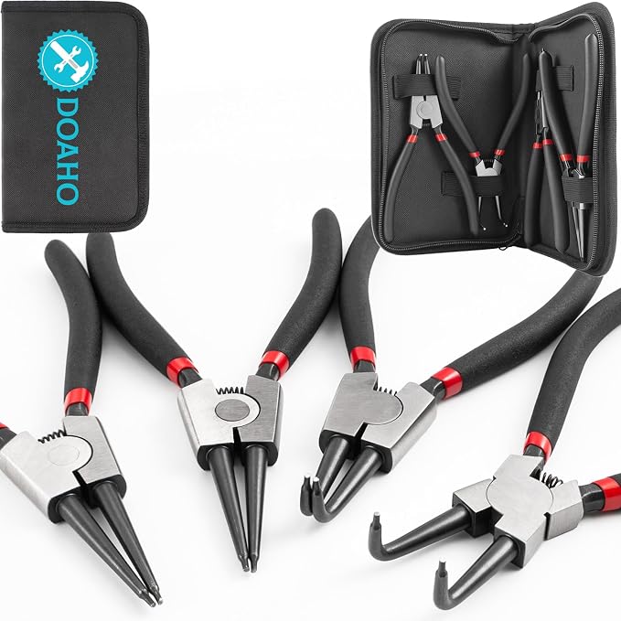 Doaho 4Pcs Snap Ring Pliers Set,Heavy Duty 7 Inch Circlip Plier Cr-V Steel C Clip Pliers Kit with Straight and Bent Jaw for Internal External Rings Automotive Machinery Repair