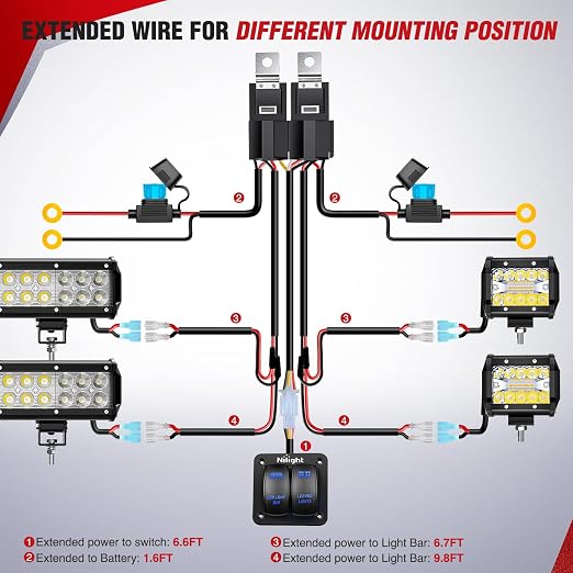 Nilight 16AWG LED Light Bar Wiring Harness Kit-4 Leads | 12V On/Off 2 Gang Laser Etched Pod Lights Rocker Switch Panel Power Relay Fuse 5Pin Toggle for Cars Boat ATV Trucks